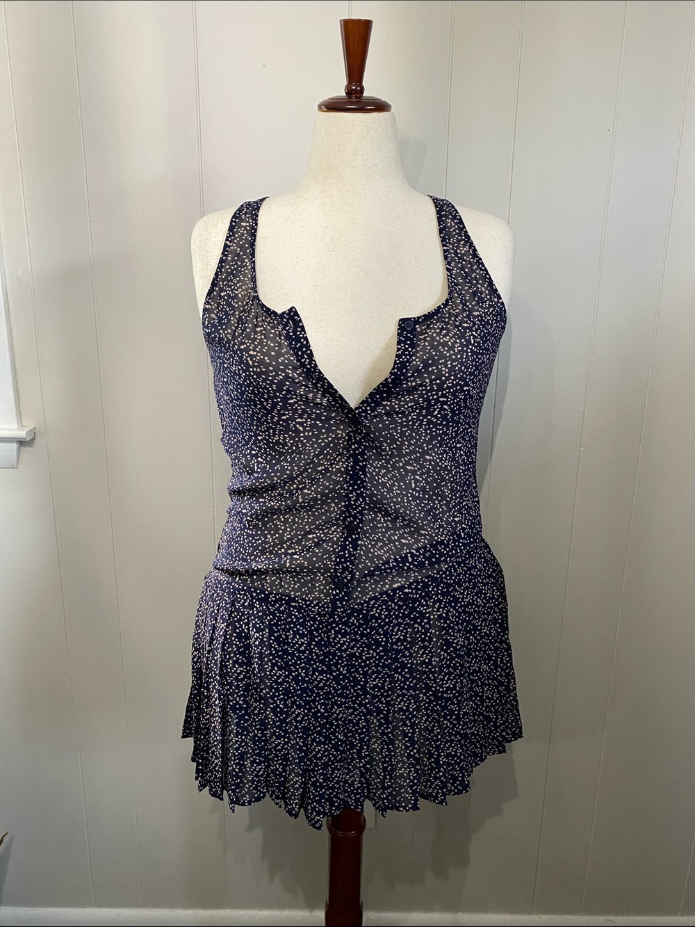 Navy Blue Printed Sleeveless Button-Front Top